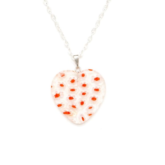 Millefiori Glass Clear Heart Shape with White & Red Flowers Necklace - Picture 8 of 8
